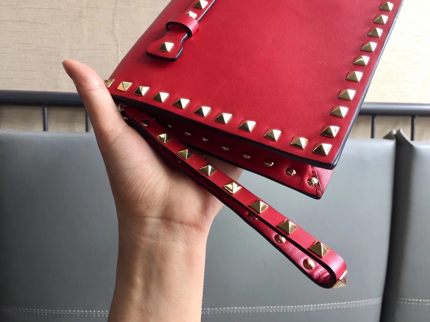 Valentino Rockstud Medium Clutch In Red Calfskin  129