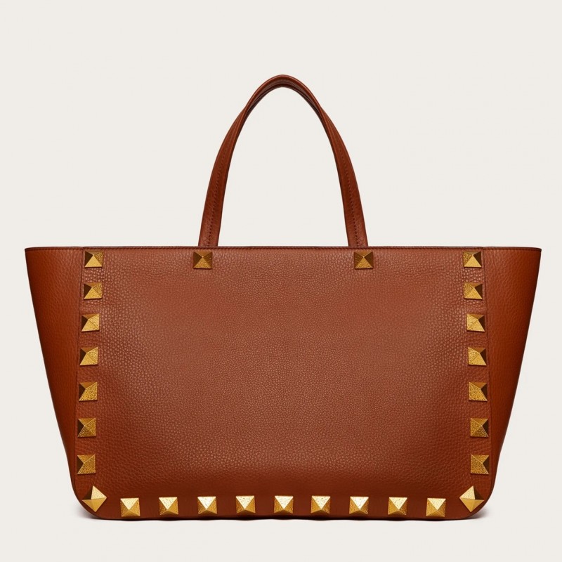 Valentino Roman Stud Tote Bag In Brown Grainy Calfskin 467