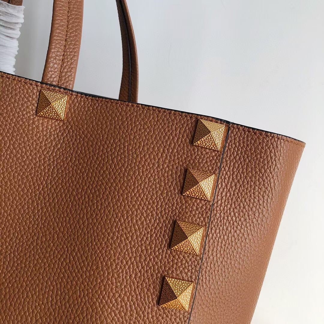 Valentino Roman Stud Tote Bag In Brown Grainy Calfskin 467