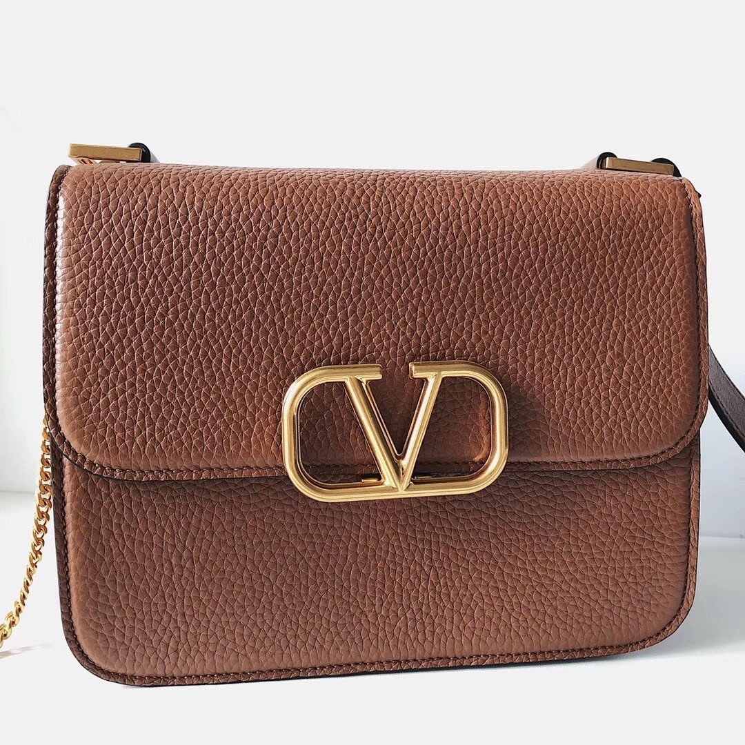 Valentino Vsling Large Shoulder Bag In Brown Grained Calfskin 640