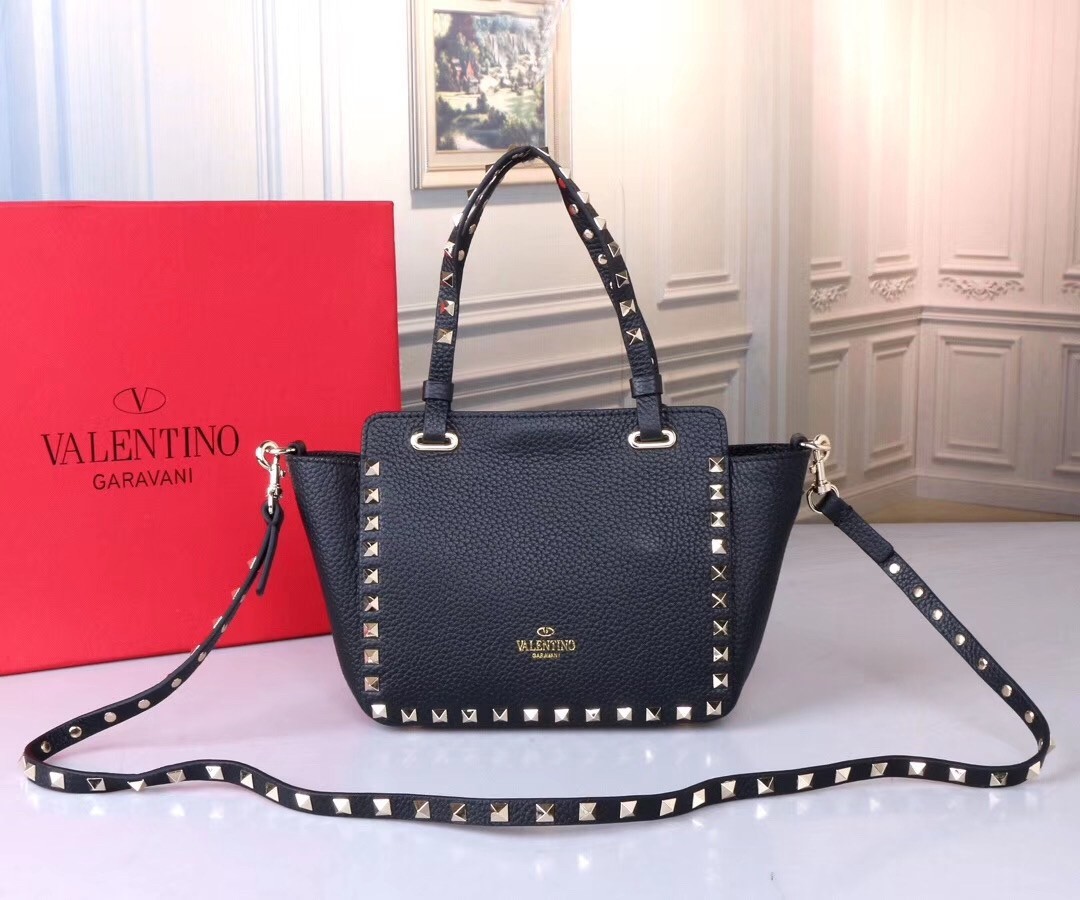 Valentino Mini Rockstud Tote In Black Grain Calfskin 767