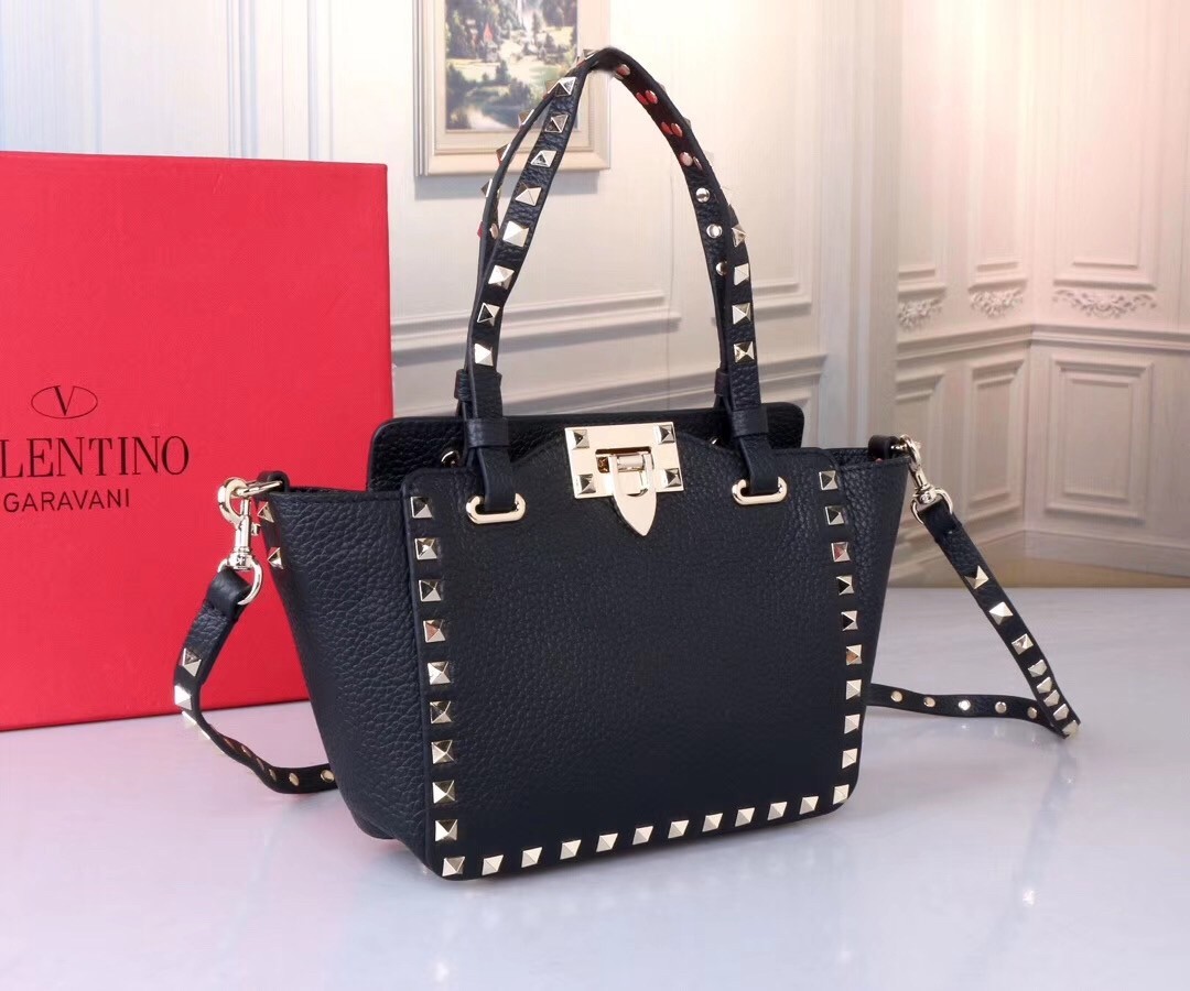 Valentino Mini Rockstud Tote In Black Grain Calfskin 767