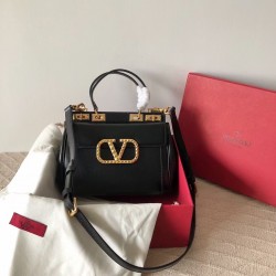 Valentino Rockstud Alcove Medium Top Handle Bag In Black Calfskin 466