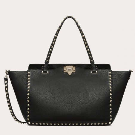 Valentino Medium Rockstud Tote In Black Grain Calfskin 268