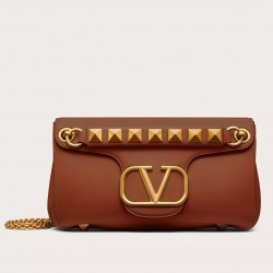 Valentino Stud Sign Shoulder Bag In Brown Nappa Leather 075