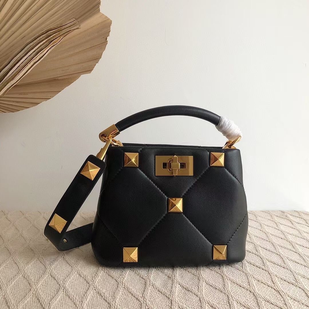 Valentino Small Roman Stud Top Handle Bag In Black Nappa 181