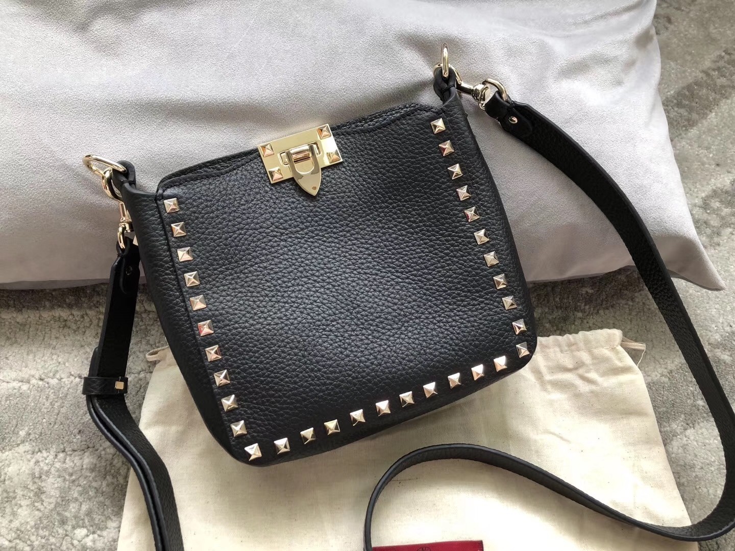 Valentino Mini Rockstud Hobo Bag In Black Grained Leather 674