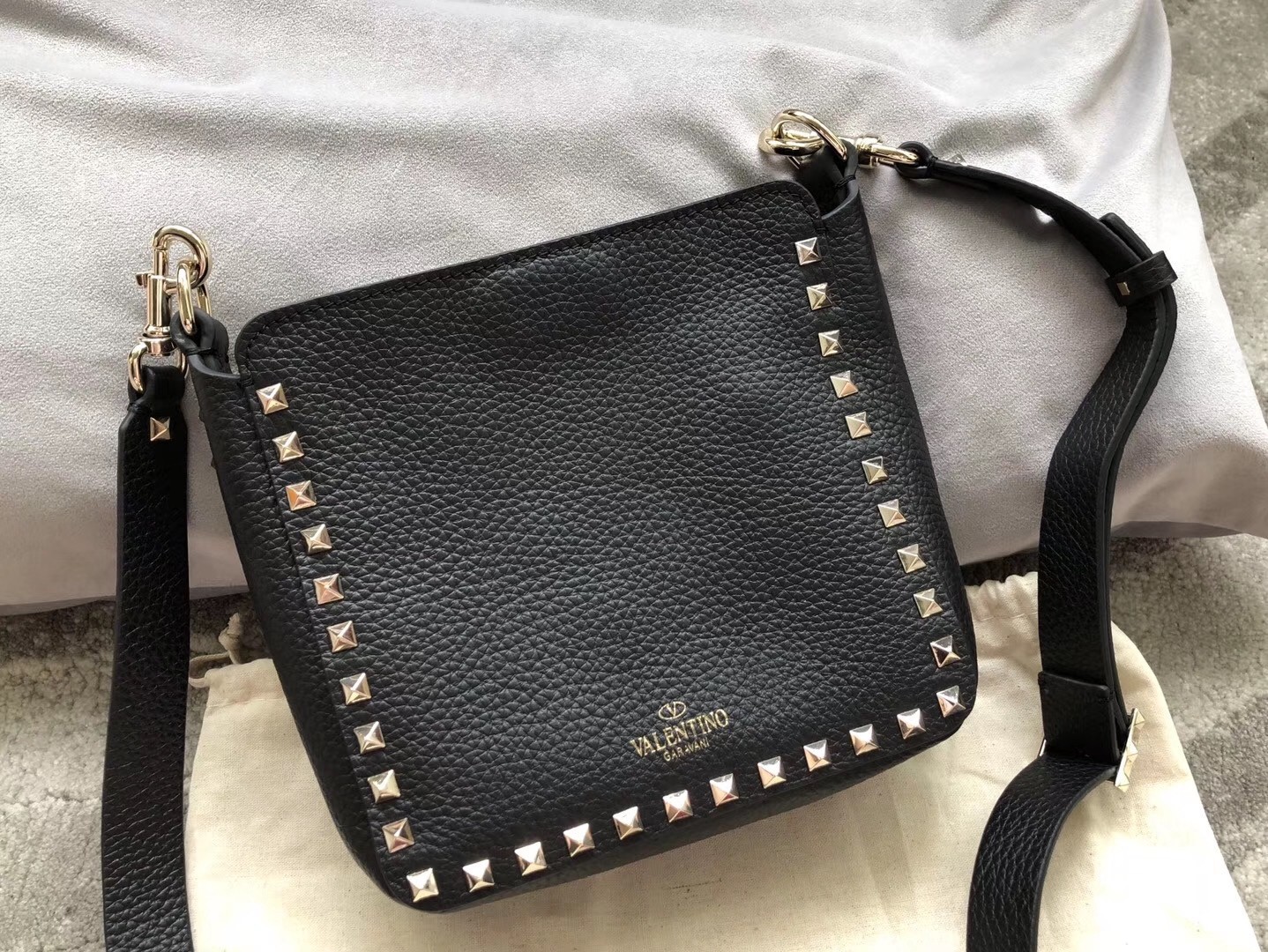 Valentino Mini Rockstud Hobo Bag In Black Grained Leather 674