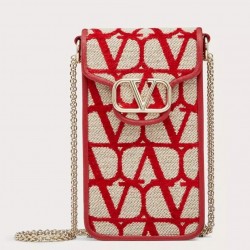 Valentino Loco Phone Case in Red Toile Iconographe with Chain 708