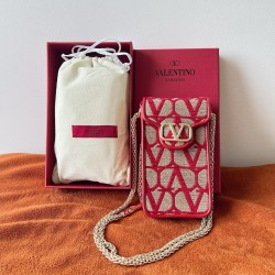 Valentino Loco Phone Case in Red Toile Iconographe with Chain 708