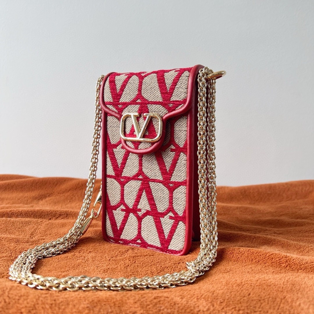 Valentino Loco Phone Case in Red Toile Iconographe with Chain 708