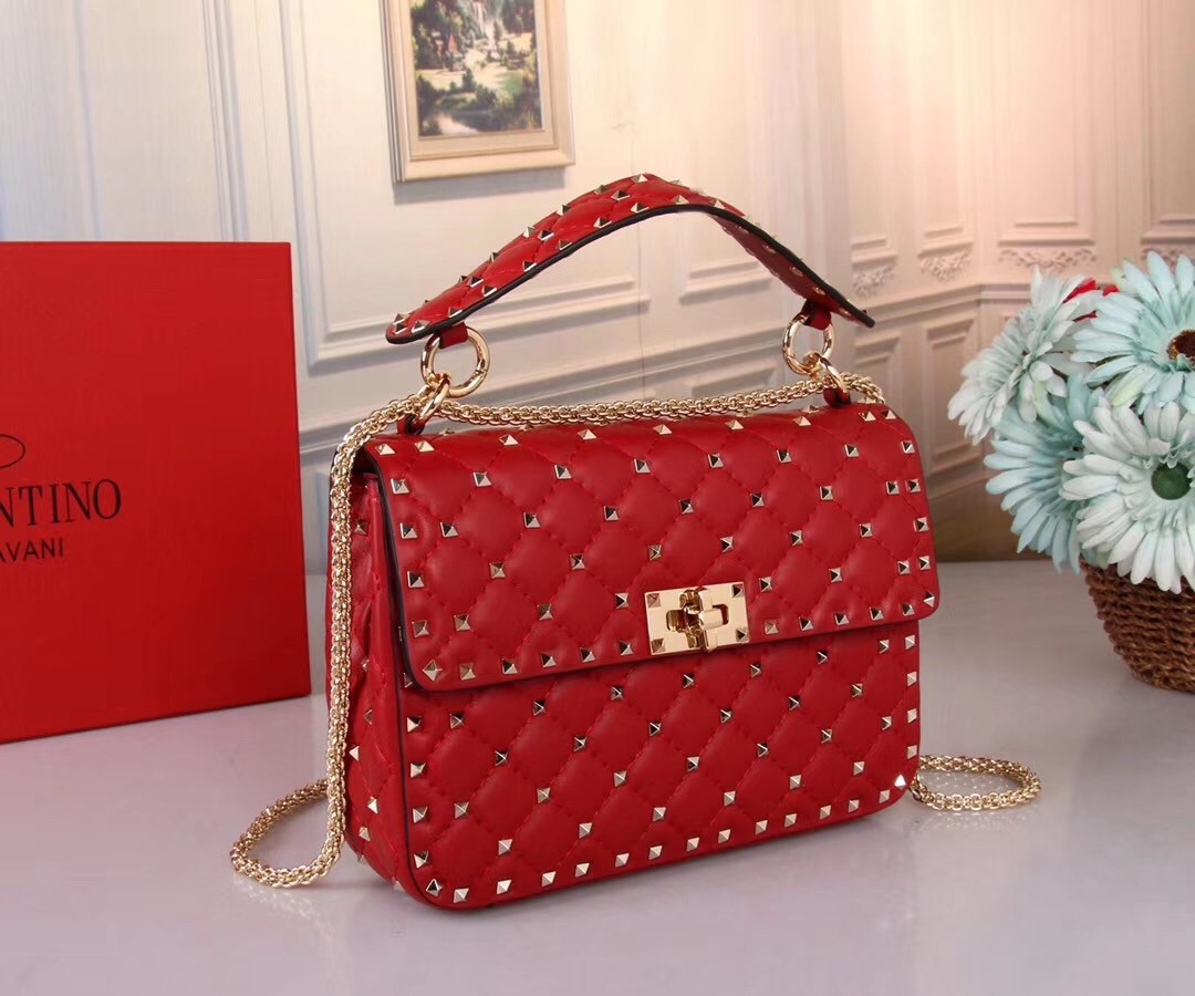 Valentino Medium Rockstud Spike Chain Red Bag 771