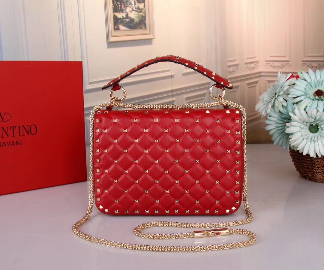 Valentino Medium Rockstud Spike Chain Red Bag 771