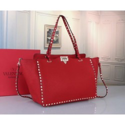 Valentino Medium Rockstud Tote In Red Grain Calfskin 929