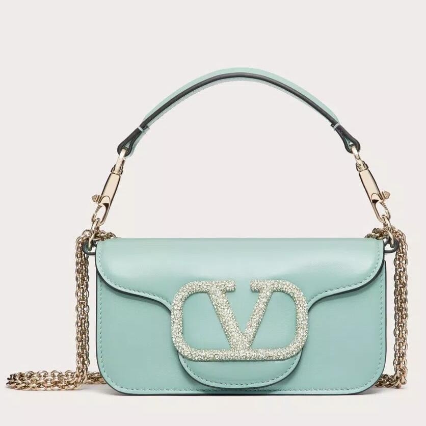 Valentino Small Loco Shoulder Light Green Bag with Crystals Logo 368