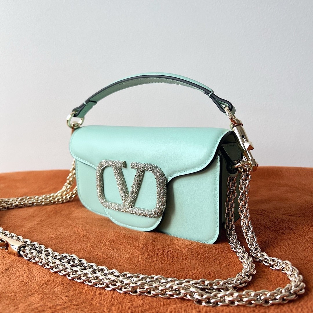 Valentino Small Loco Shoulder Light Green Bag with Crystals Logo 368