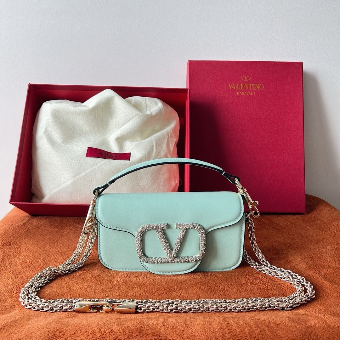 Valentino Small Loco Shoulder Light Green Bag with Crystals Logo 368