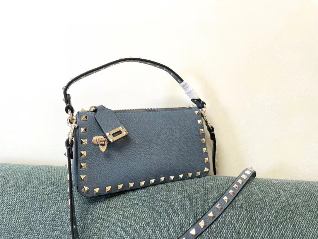 Valentino Rockstud Small Crossbody Bag In Blue Grained Calfskin 271