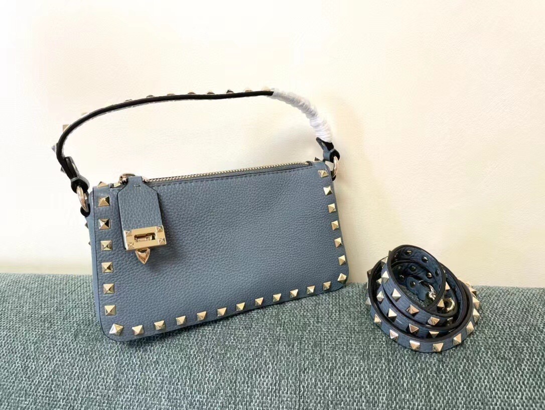 Valentino Rockstud Small Crossbody Bag In Blue Grained Calfskin 271