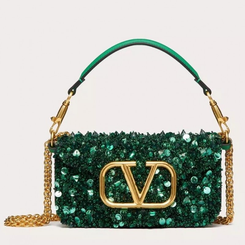 Valentino Small Loco Shoulder Bag with Green 3D-effect Embroidery 278