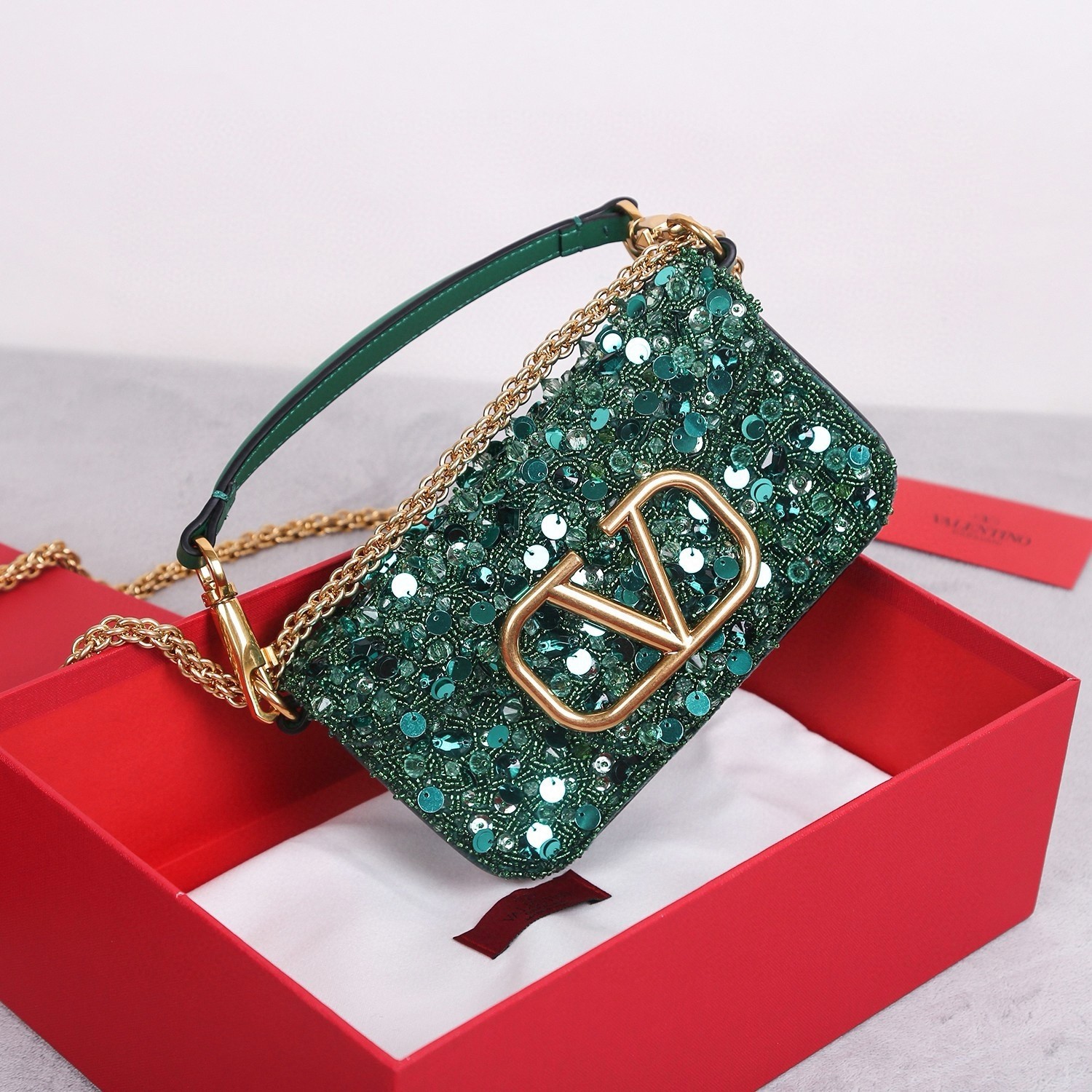 Valentino Small Loco Shoulder Bag with Green 3D-effect Embroidery 278