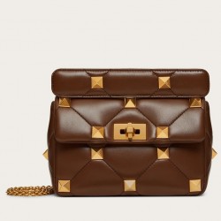 Valentino Medium Roman Stud Chain Bag In Teak Brown Nappa 010