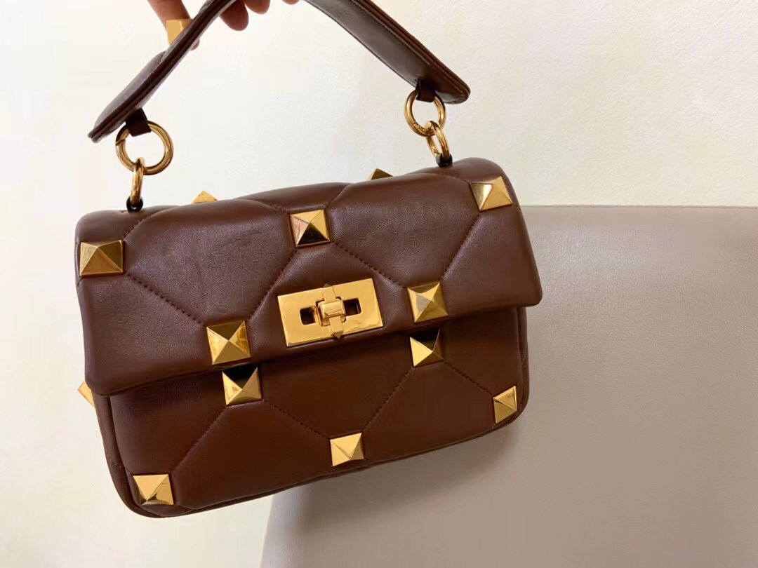 Valentino Medium Roman Stud Chain Bag In Teak Brown Nappa 010