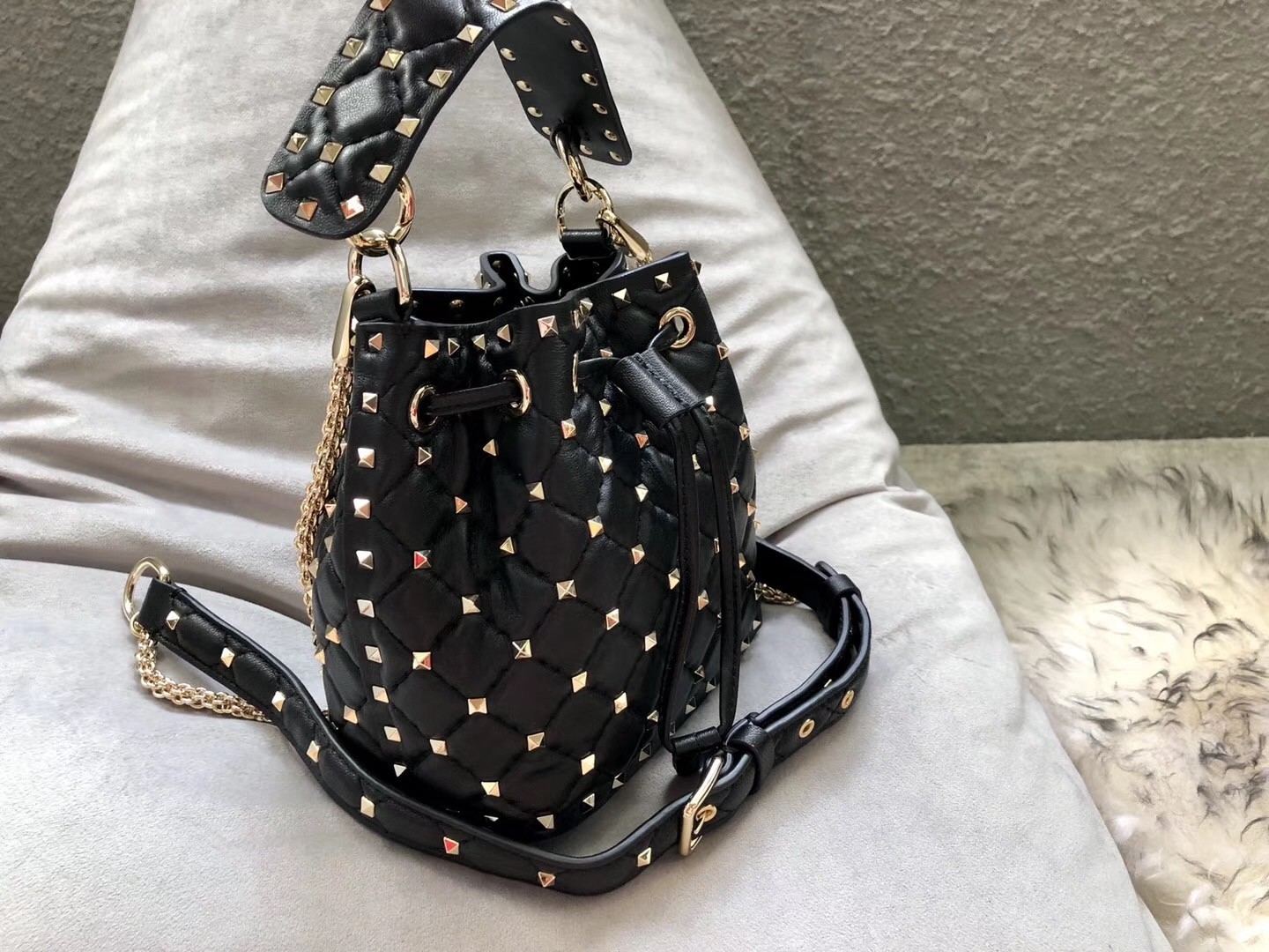 Valentino Mini Rockstud Spike Bucket Black Bag 541