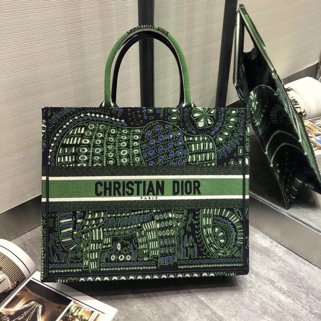 Dior Book Tote Dior Bag In Green Animals Embroidered Canvas  785