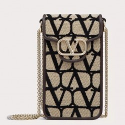 Valentino Loco Phone Case in Black Toile Iconographe with Chain 779