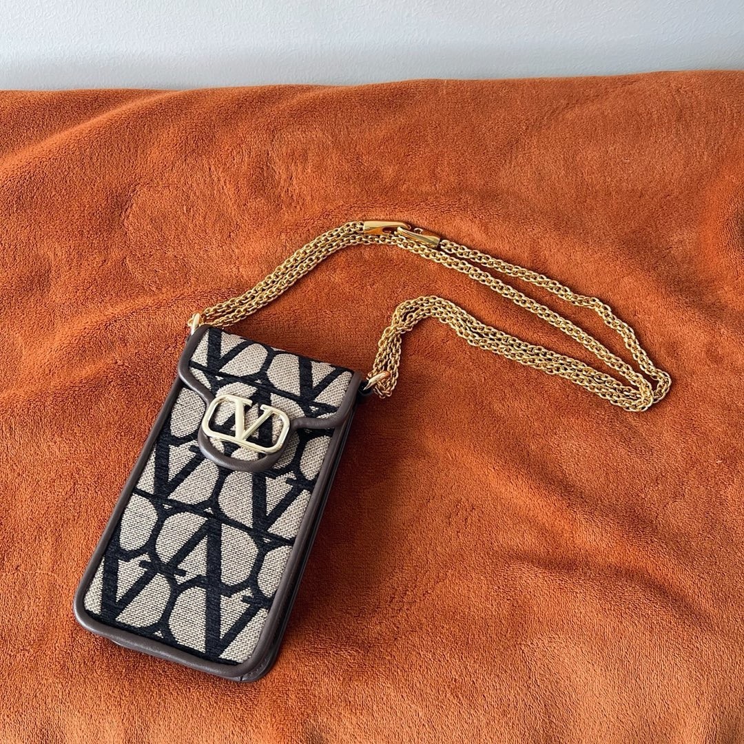 Valentino Loco Phone Case in Black Toile Iconographe with Chain 779