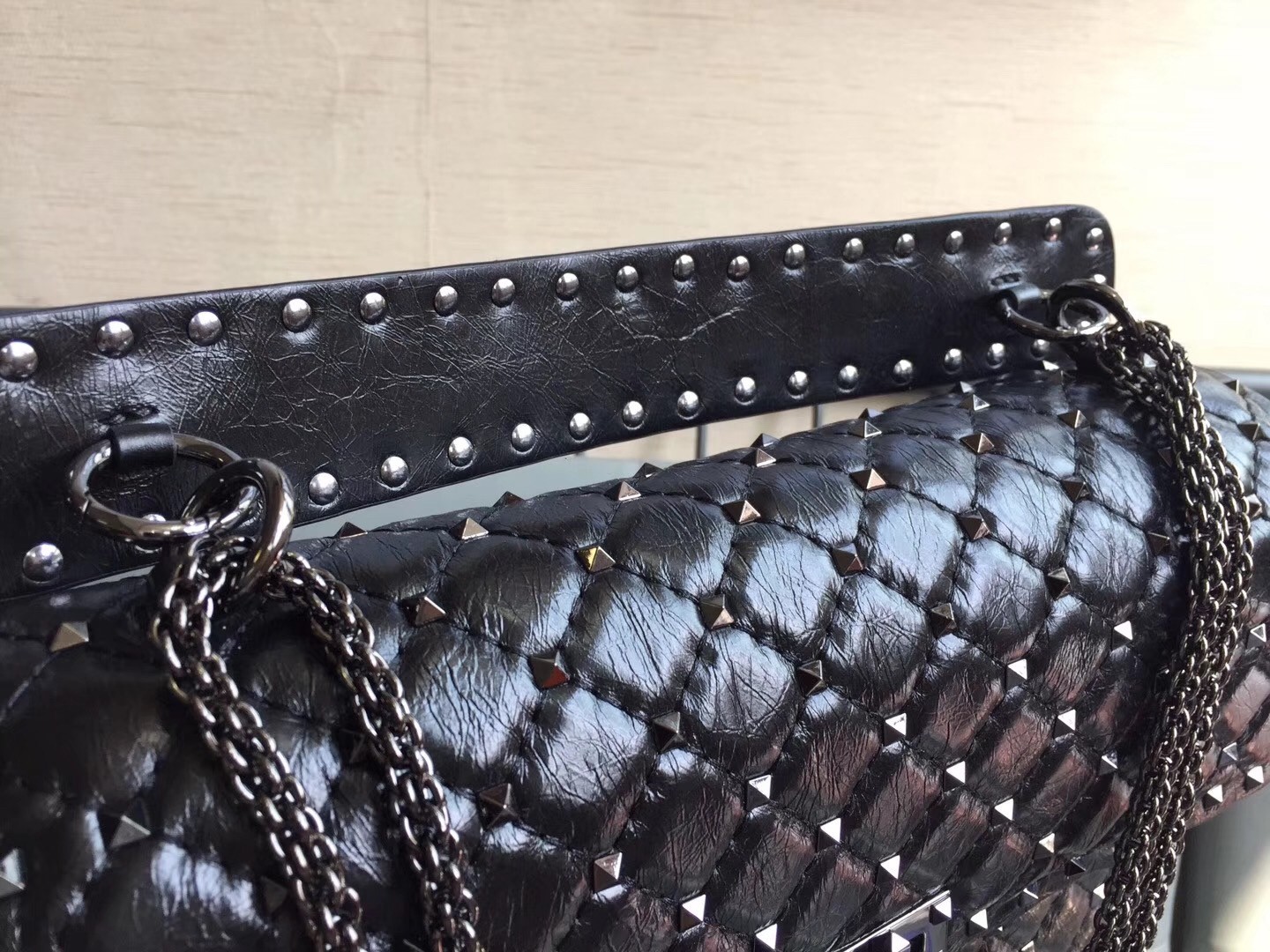 Valentino Large Crinkled Lambskin Rockstud Spike Shoulder Bag 924