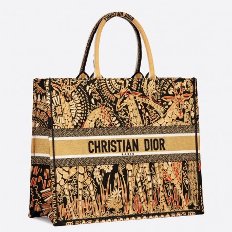 Dior Book Tote Bag In Yellow Animals Embroidered Canvas 856