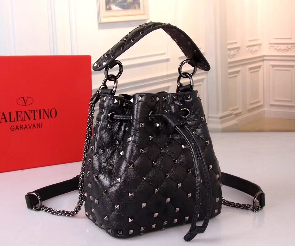 Valentino Small Black Rockstud Spike Bucket Bag 531