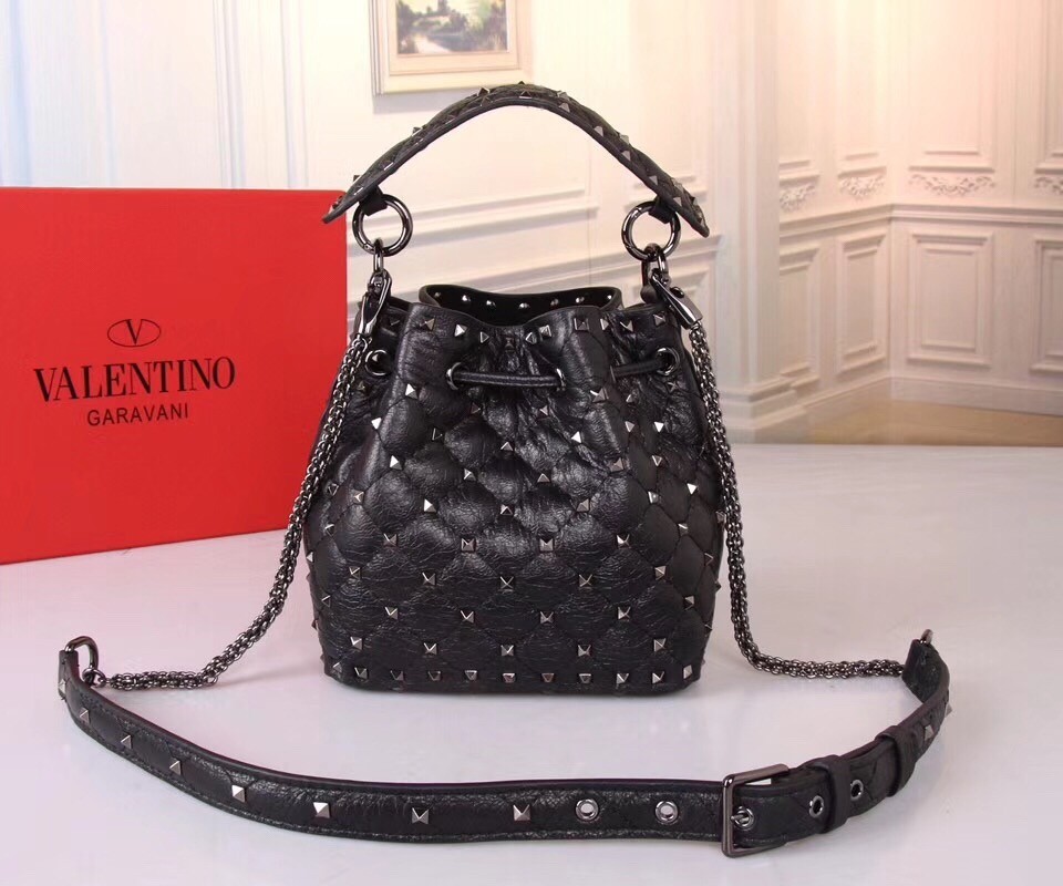 Valentino Small Black Rockstud Spike Bucket Bag 531