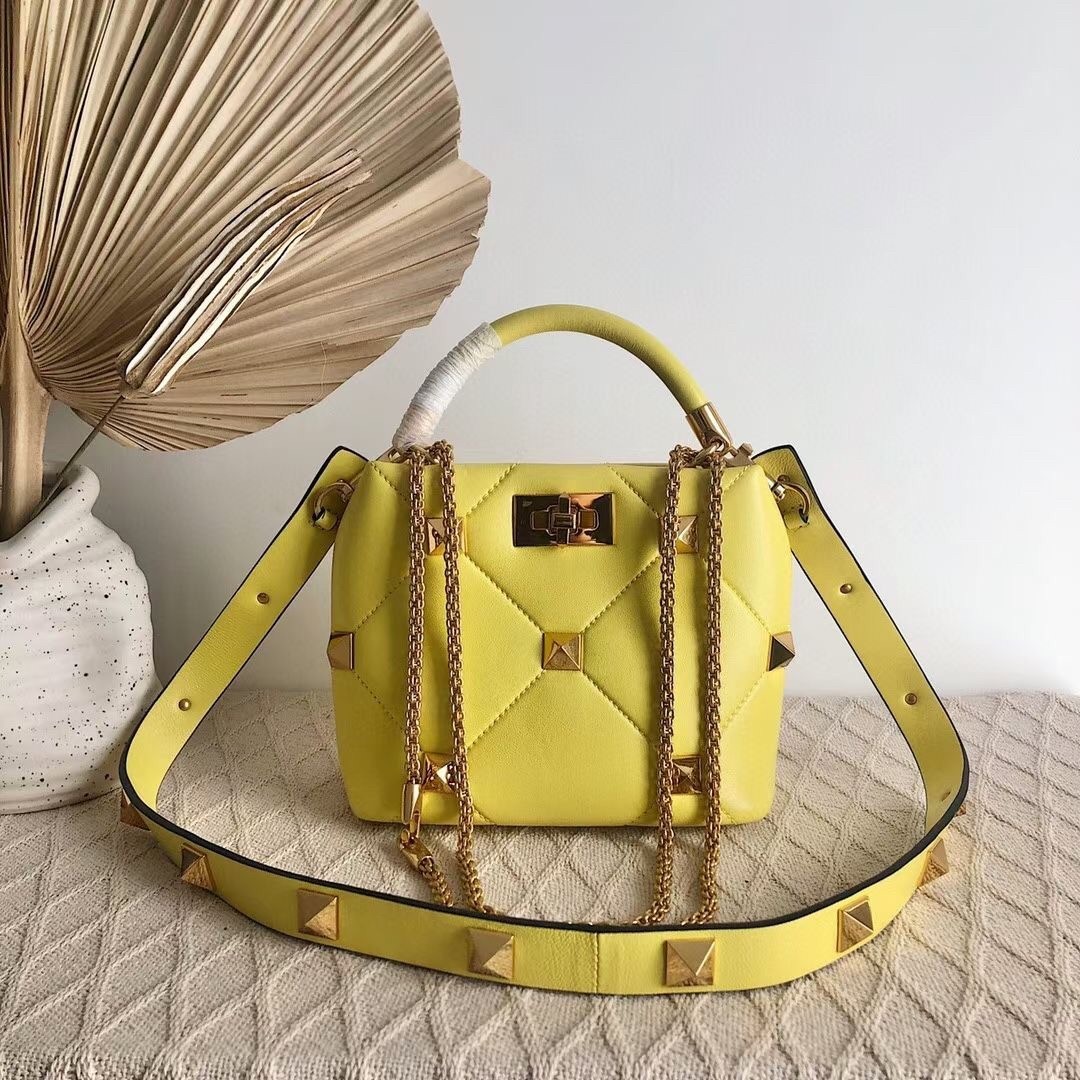 Valentino Small Roman Stud Top Handle Bag In Yellow Nappa 048