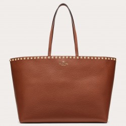 Valentino Rockstud Large Shopping Bag In Brown Leather  217