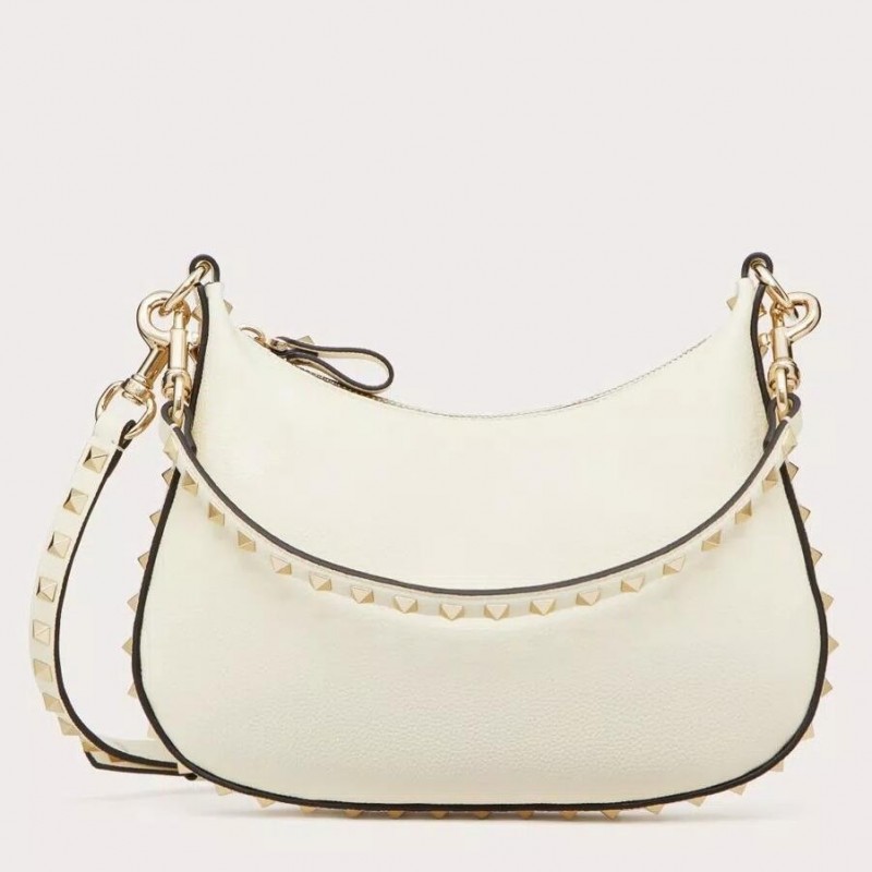 Valentino Rockstud Small Hobo Bag in White Grainy Calfskin 998