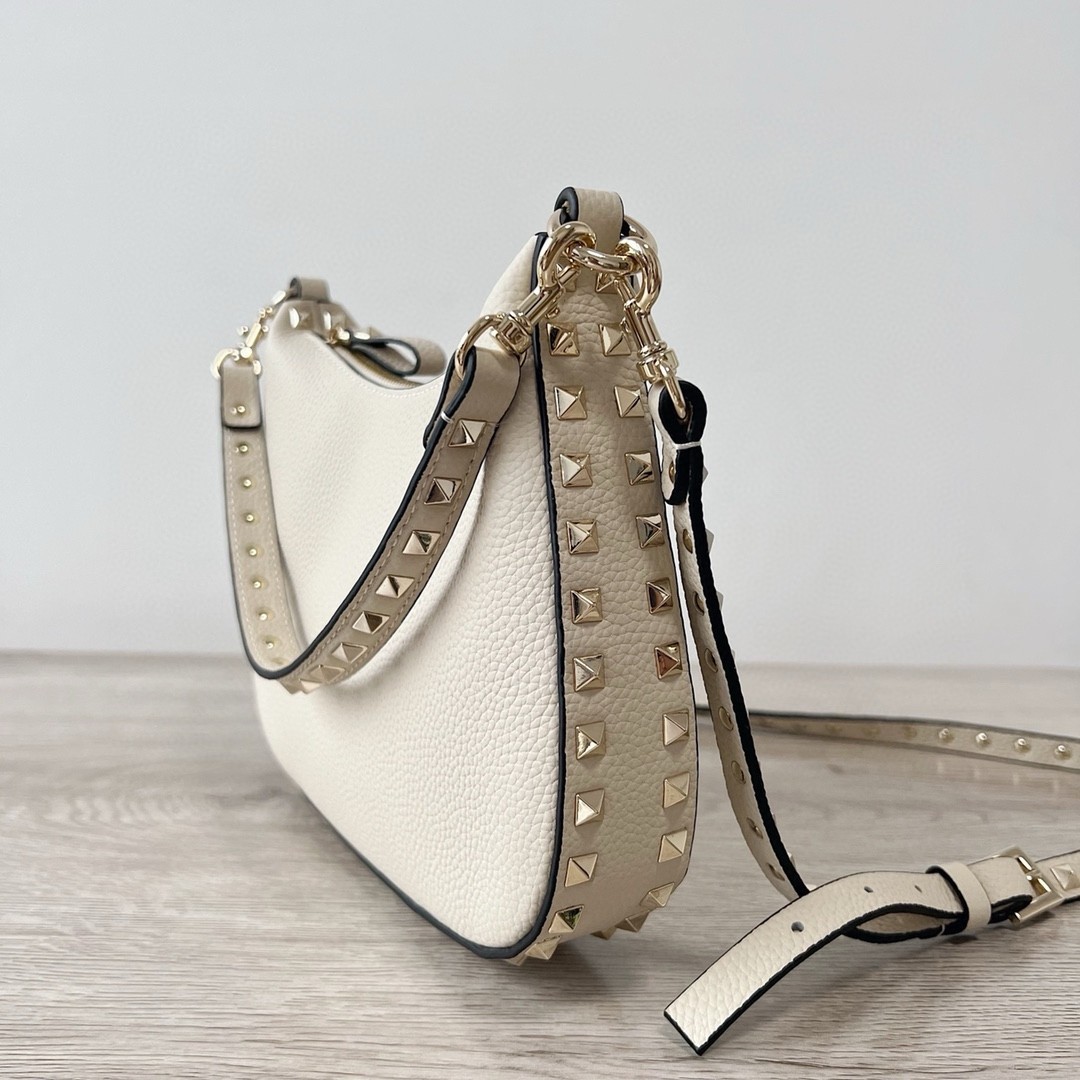 Valentino Rockstud Small Hobo Bag in White Grainy Calfskin 998