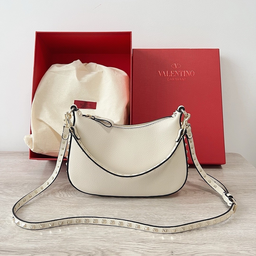 Valentino Rockstud Small Hobo Bag in White Grainy Calfskin 998