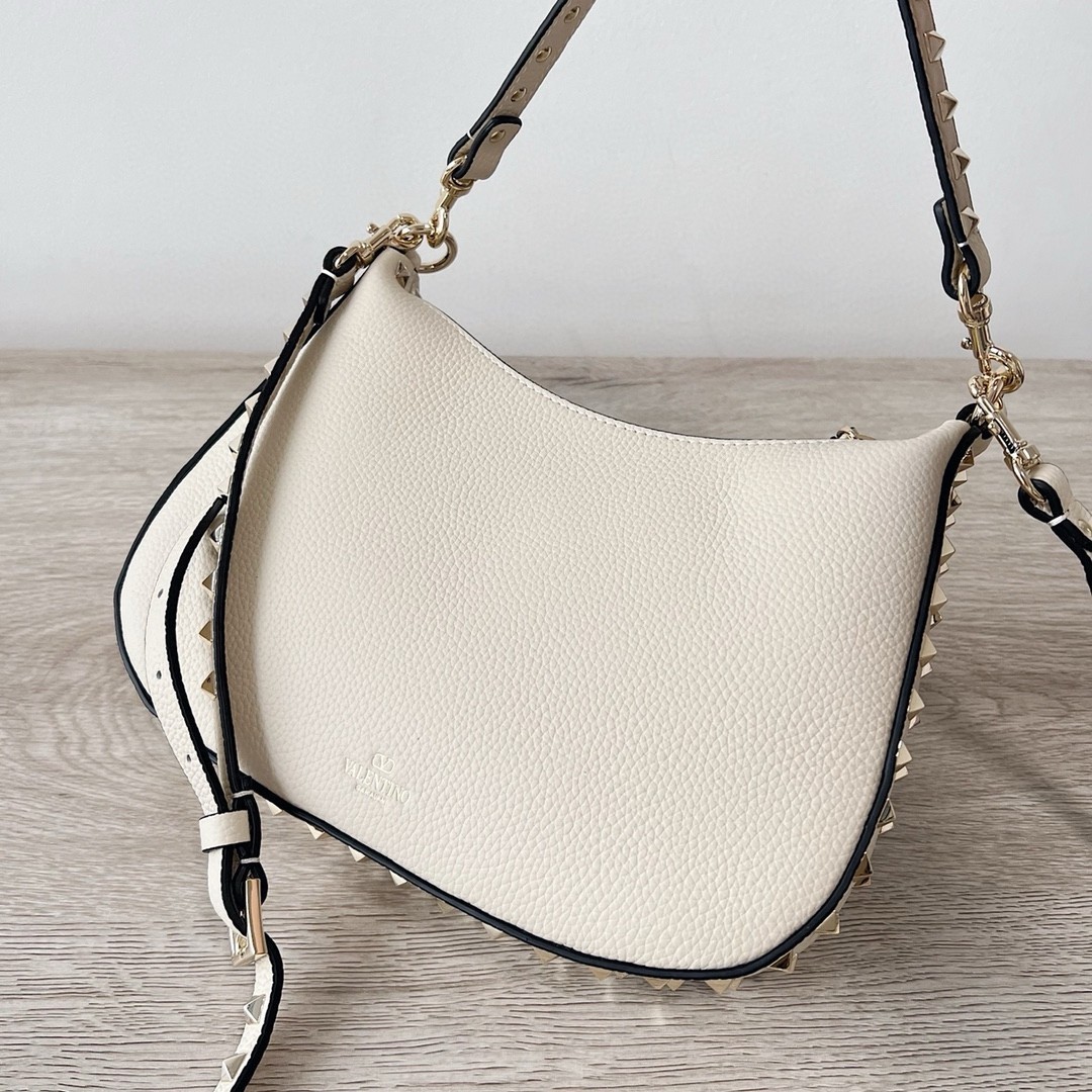 Valentino Rockstud Small Hobo Bag in White Grainy Calfskin 998