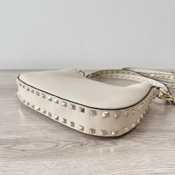 Valentino Rockstud Small Hobo Bag in White Grainy Calfskin 998