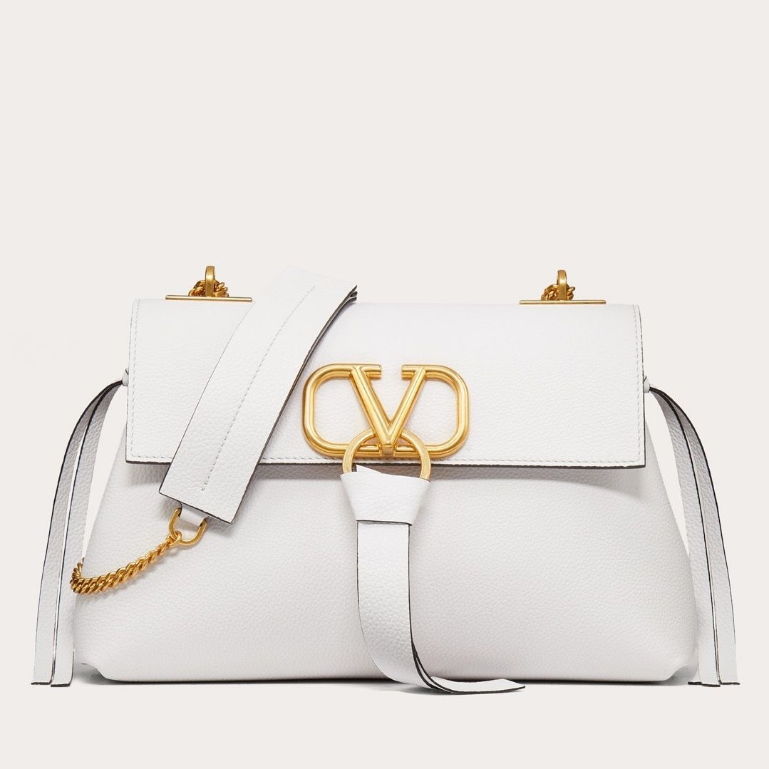 Valentino Medium VRing Chain Bag In White Grainy Calfskin 587