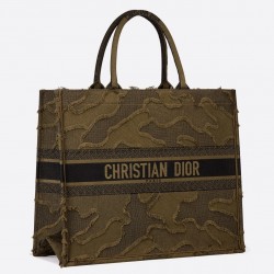 Dior Book Tote Bag In Green Camouflage Embroidered Canvas 473