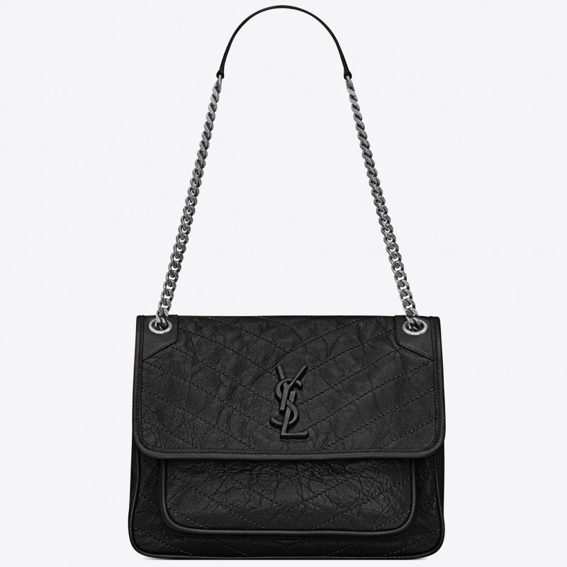 Saint Laurent Medium Niki Bag In Black Crinkled Leather 078