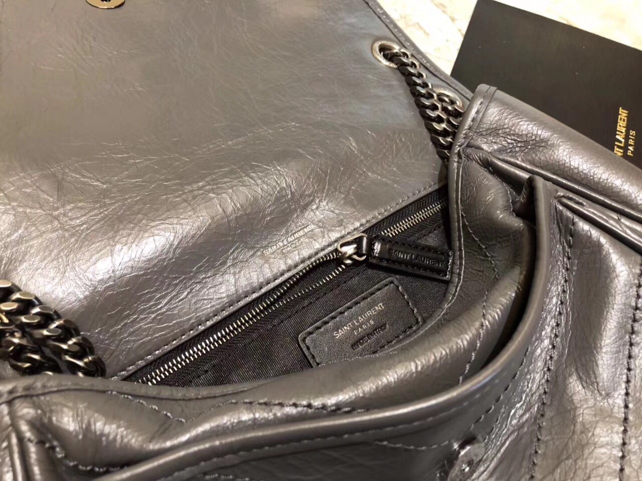 Saint Laurent Medium Niki Bag In Storm Gray Crinkled Leather 107