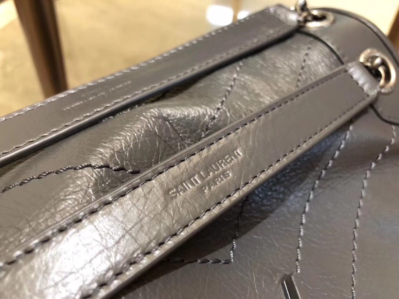 Saint Laurent Medium Niki Bag In Storm Gray Crinkled Leather 107