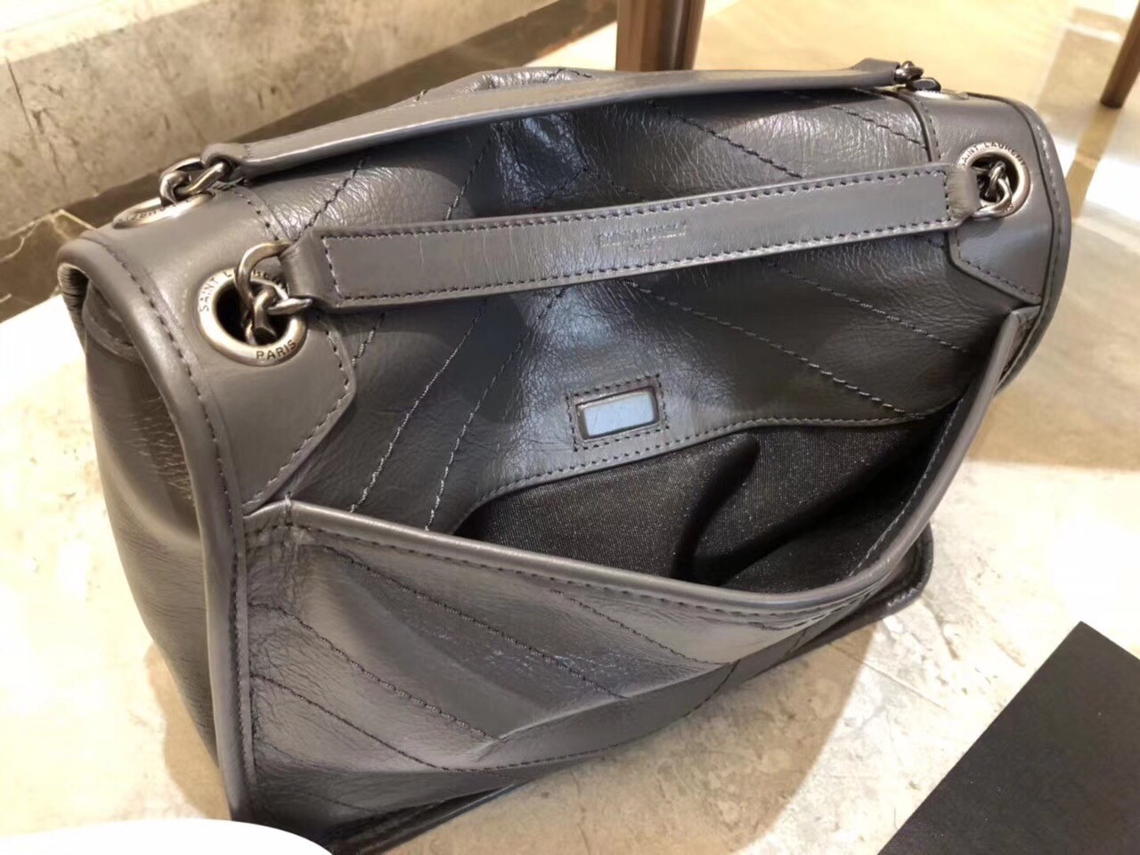 Saint Laurent Medium Niki Bag In Storm Gray Crinkled Leather 107