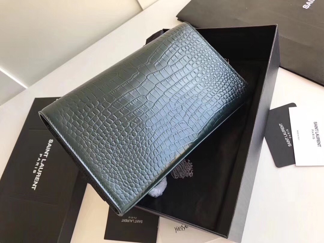 Saint Laurent Medium Kate Bag With Tassel In Dark Green Croc-Embossed Leather 730