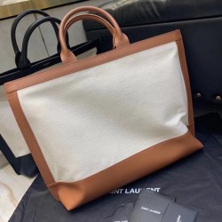 Saint Laurent Tag Shopping Bag In Canvas And Brown Leather 019